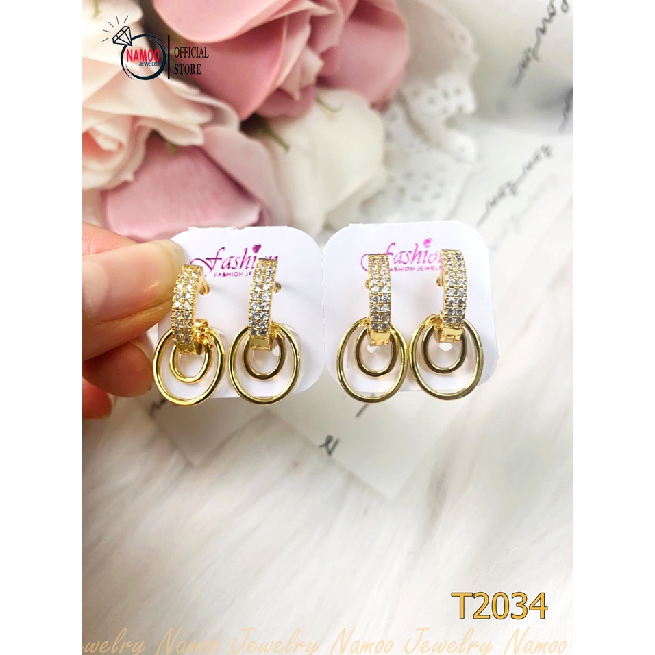 Bông Tai Nữ T2034 Kiểu Dáng Oval Cá Tính Có Đính Đá Thiết Kế Hợp Thời Trang Namoo Jewelry