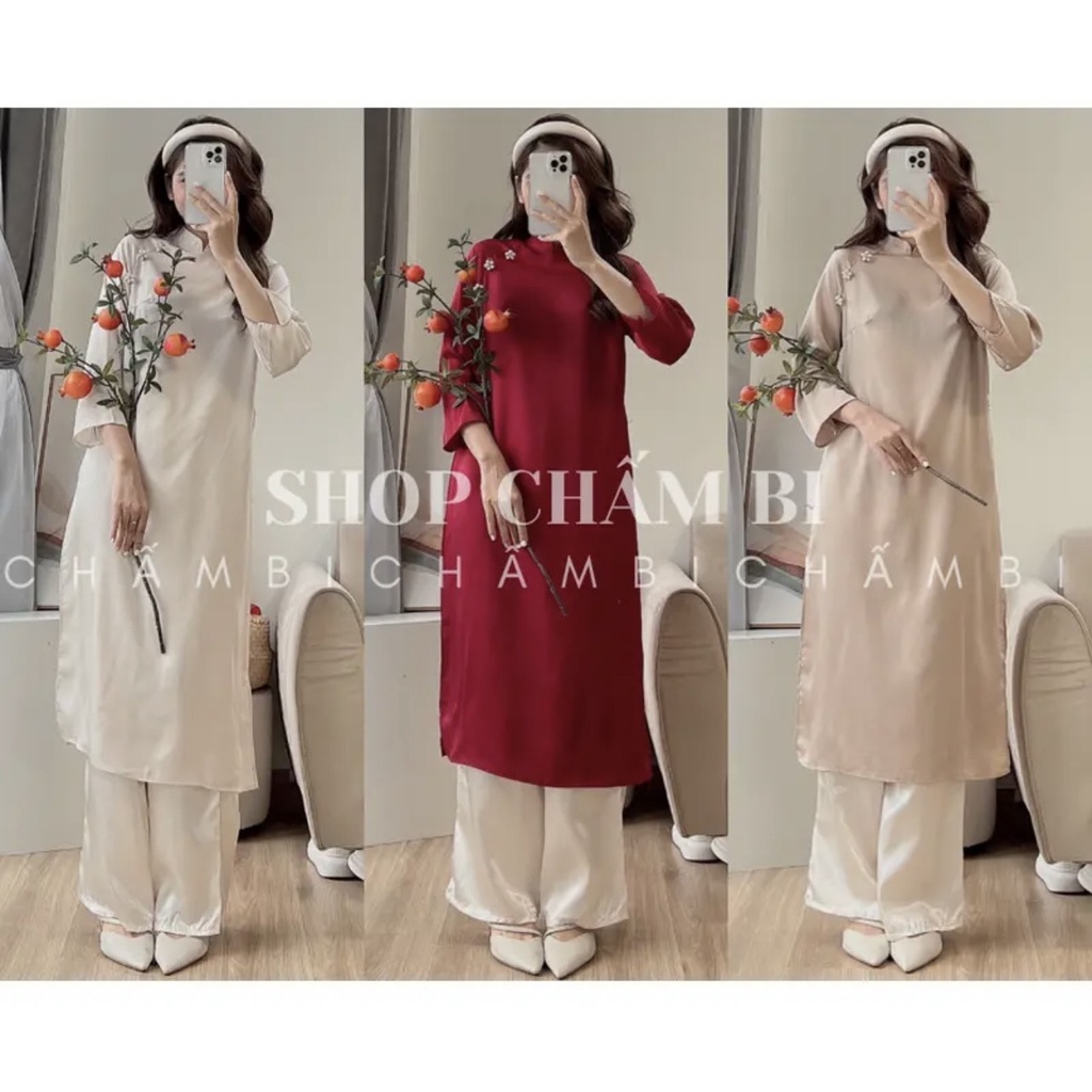 Áo dài LỤA (Không phải Voan) đính hoa Vọng Nguyệt tay lỡ Áo dài tết 2023 ( ảnh cận chất cuối cùng)
