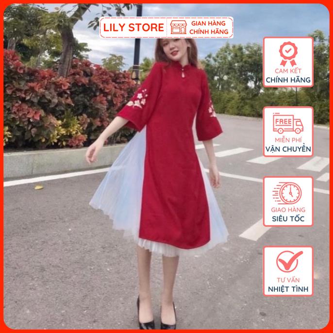 Bộ Áo Dài Tết Nữ LILY STORE, Áo Dài Cách Tân Đỏ Tay Thêu Kèm Chân Váy Lưới Hàng Thiết Kế Đủ Size.