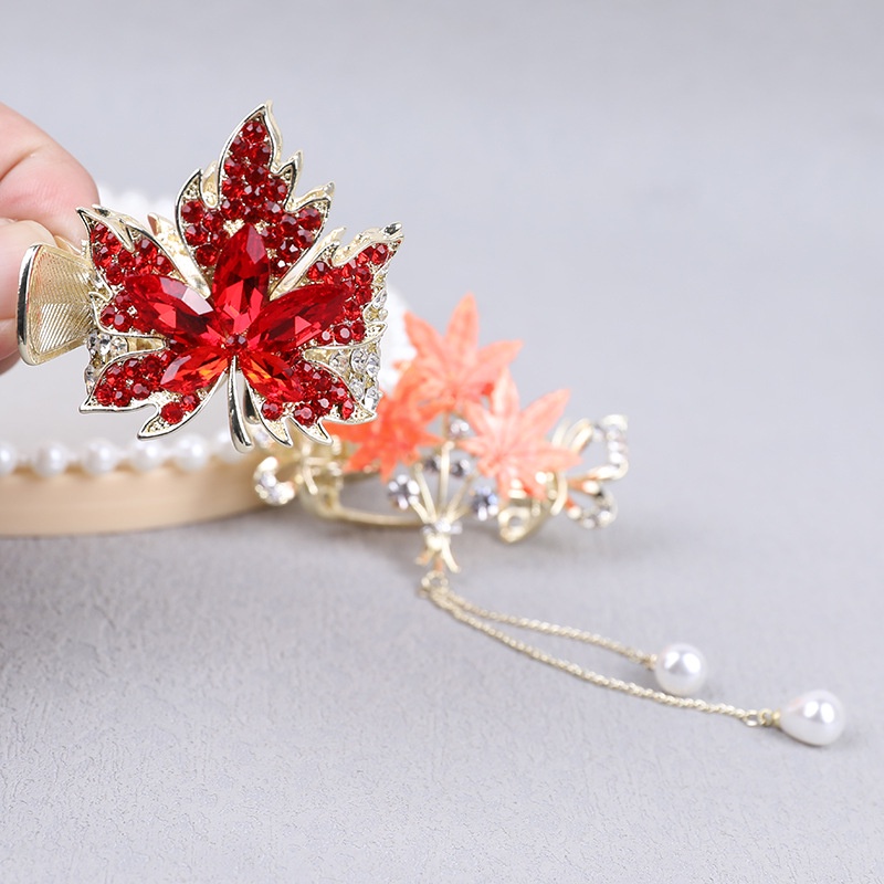 Haimeikang Kẹp Tóc Đuôi Ngựa Đính Kim Cương Giả Hình Lá Phong Phối Tua Rua Mẫu Mới