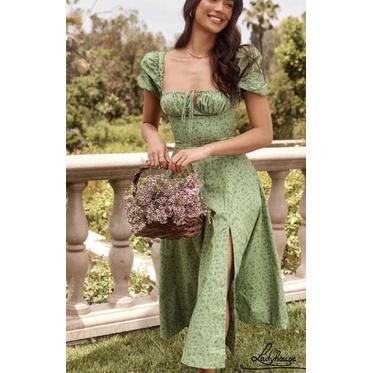 Ldd-đầm Dài Xẻ Tà Cổ Vuông Tay Ngắn In Họa Tiết Hoa Màu Xanh Nhạt / Trắng Cho Nữ