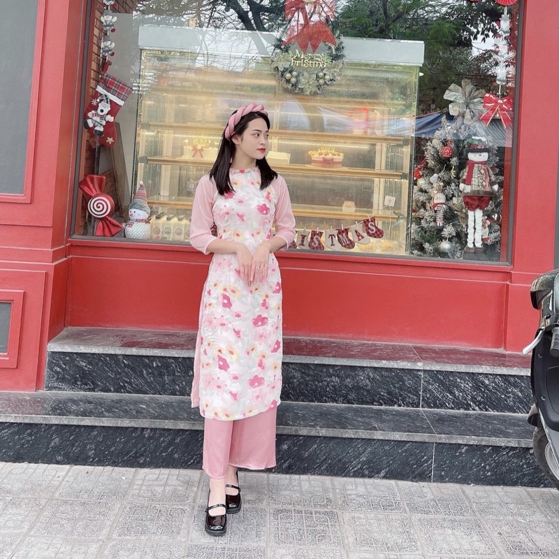 Áo Dài Cách Tân Tơ Hoa Kèm Mấn Cho Mẹ Và Bé Gái 4 Đến 64kg