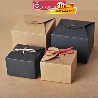 Hộp quà sinh nhật kraft vuông nắp cài thắt nơ kèm rơm lót, hộp giấy kraft mini 2 màu