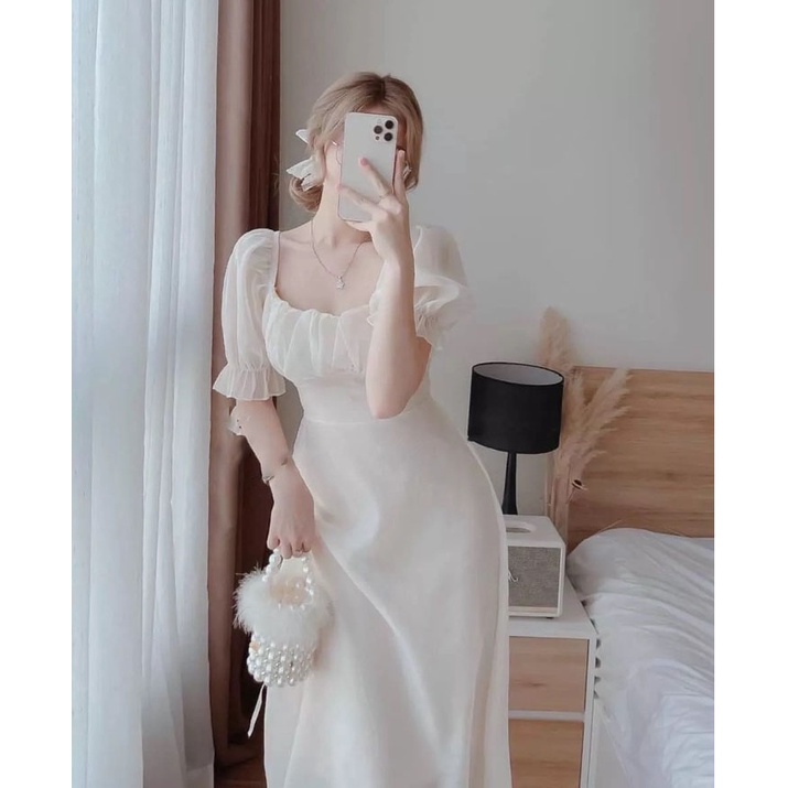 Đầm nữ kiểu dáng sang trọng tinh tế trắng tinh tiểu thư dự tiệc, đi chơi