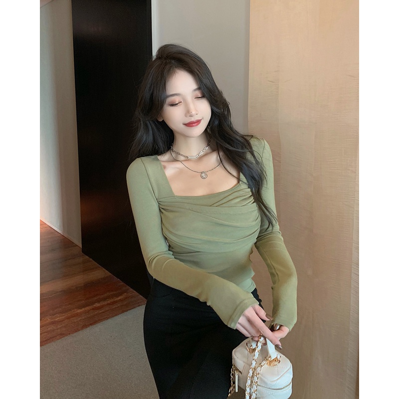 ZHELIHANGFEI Áo Thun Tay Dài Cổ Vuông Lưng Cao Dáng Ôm Kiểu Dáng Ngọt Ngào Quyến Rũ