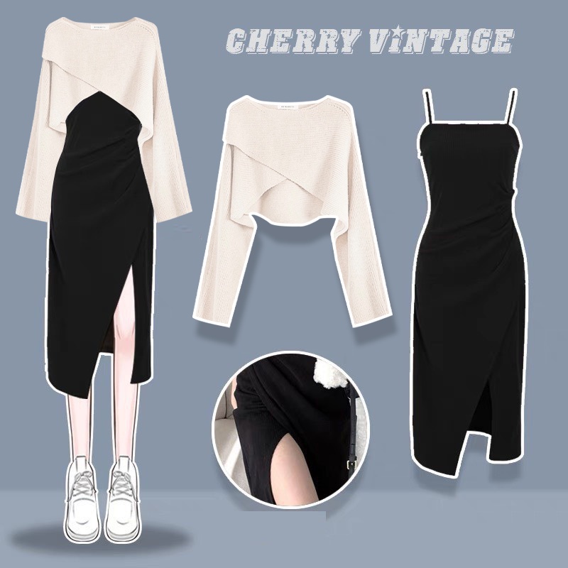 Set áo len trễ vai vạt chéo phối cùng váy hai dây xẻ một bên