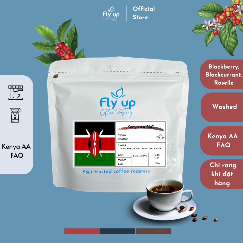 Specialty: Cà phê Espresso Kenya AA FAQ gói 200g, Cafe Filter/Coldbrew nguyên chất rang mộc từ Fly Up Coffee