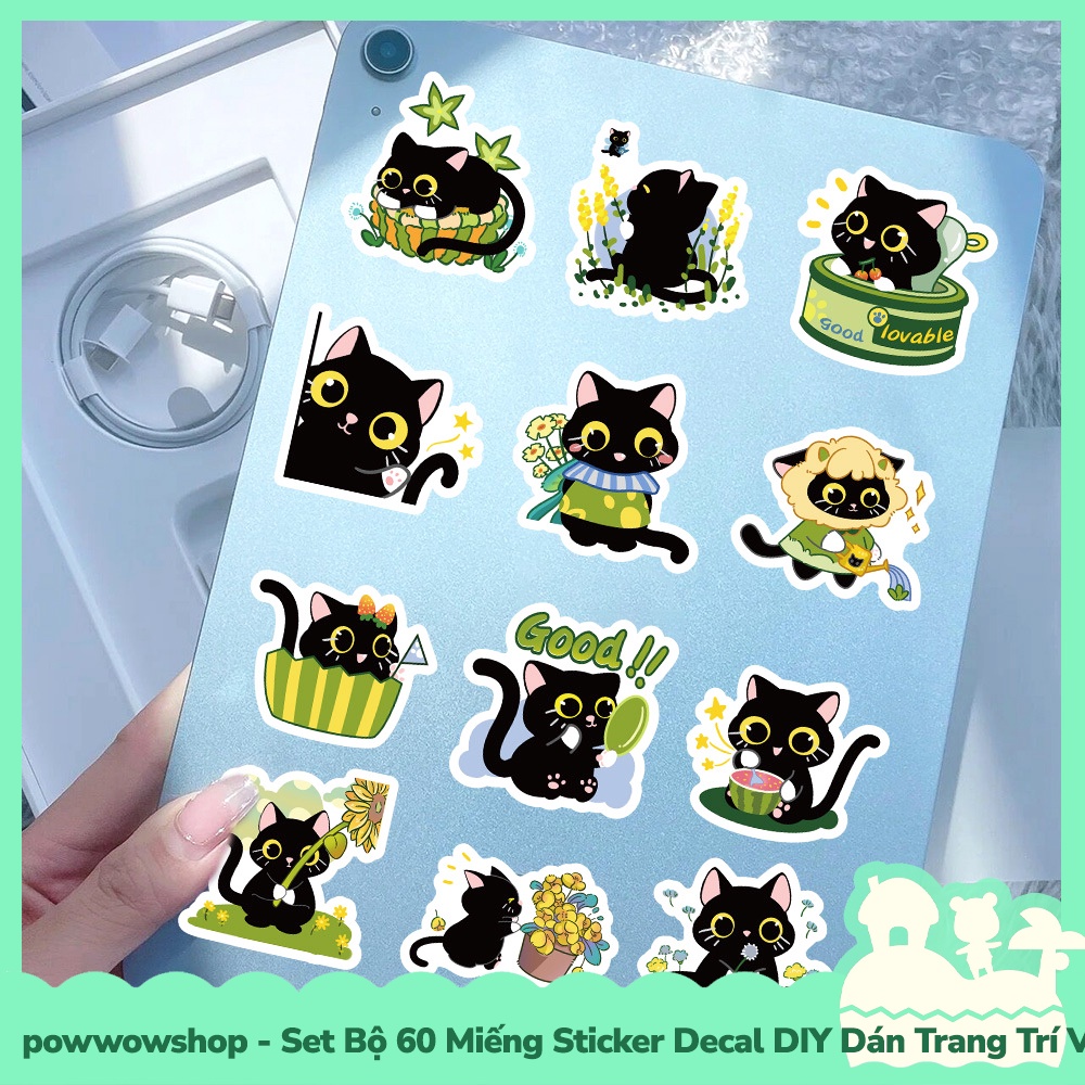 [Sẵn VN - Hỏa Tốc] Set Bộ 50/60 Miếng Sticker DIY Chống Thấm Nước Dán Trang Trí Vật Dụng Phong Cách Hoạt Hình Green Cat