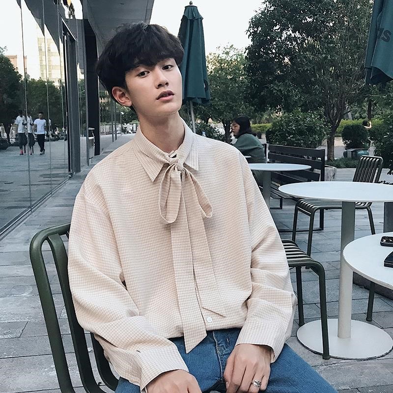 Áo sơ mi tay dài caro nơ kiểu cá tính phong cách Hàn Quốc mùa Xuân hè dành cho nam