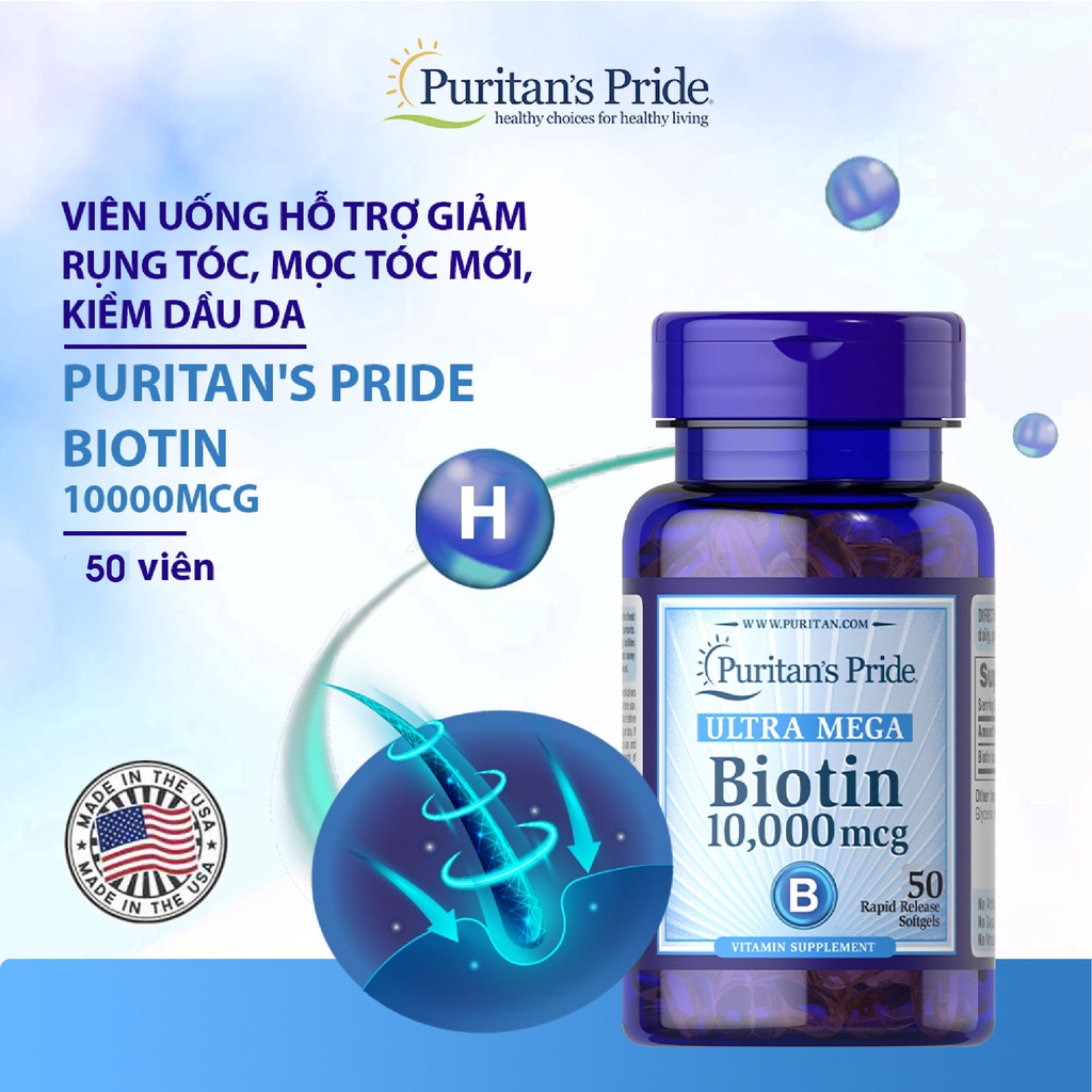 Viên uống Ultra Mega Biotin 10000 mcg Puritan's Pride 100 viên hỗ trợ mọc tóc nhanh, giảm rụng tóc của Mỹ