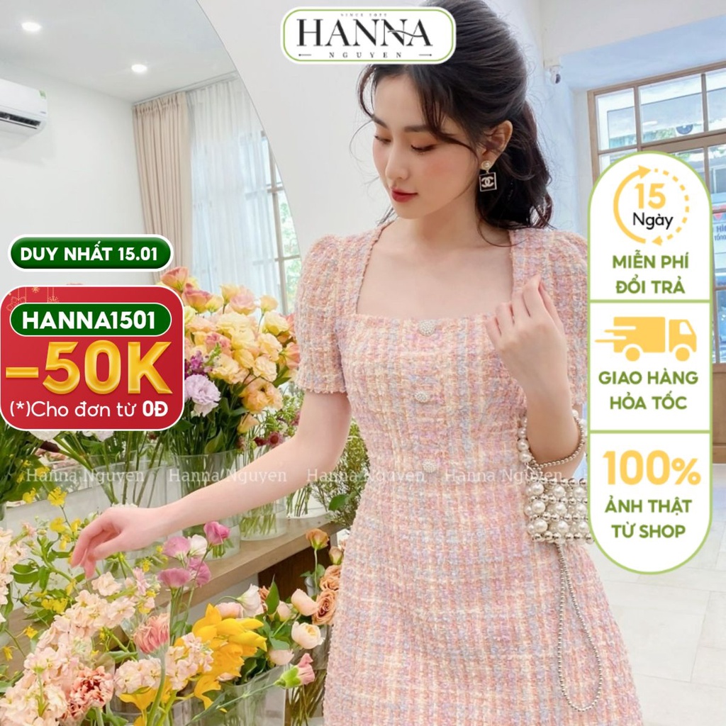 Đầm thiết kế nữ chiết eo chữ A tiểu thư Hàn Quốc váy mềm mịn 2 lớp cúc ngọc sang trọng HANNA NGUYEN V007
