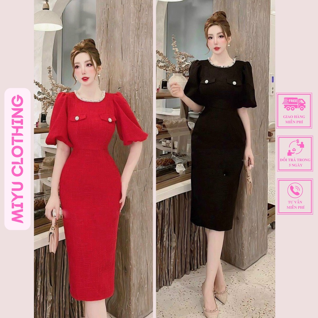 Váy đỏ dự tiệc kín đáo đầm đen tay bồng dáng dài ôm sang trọng quyến rũ xinh Miyu Clothing