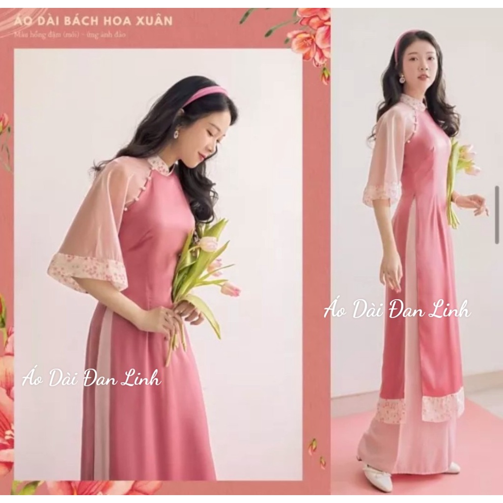 Áo dài bách hoa xuân 2023, áo dài cách tân màu hồng phối tay tơ mềm mại - Áo Dài Đan Linh