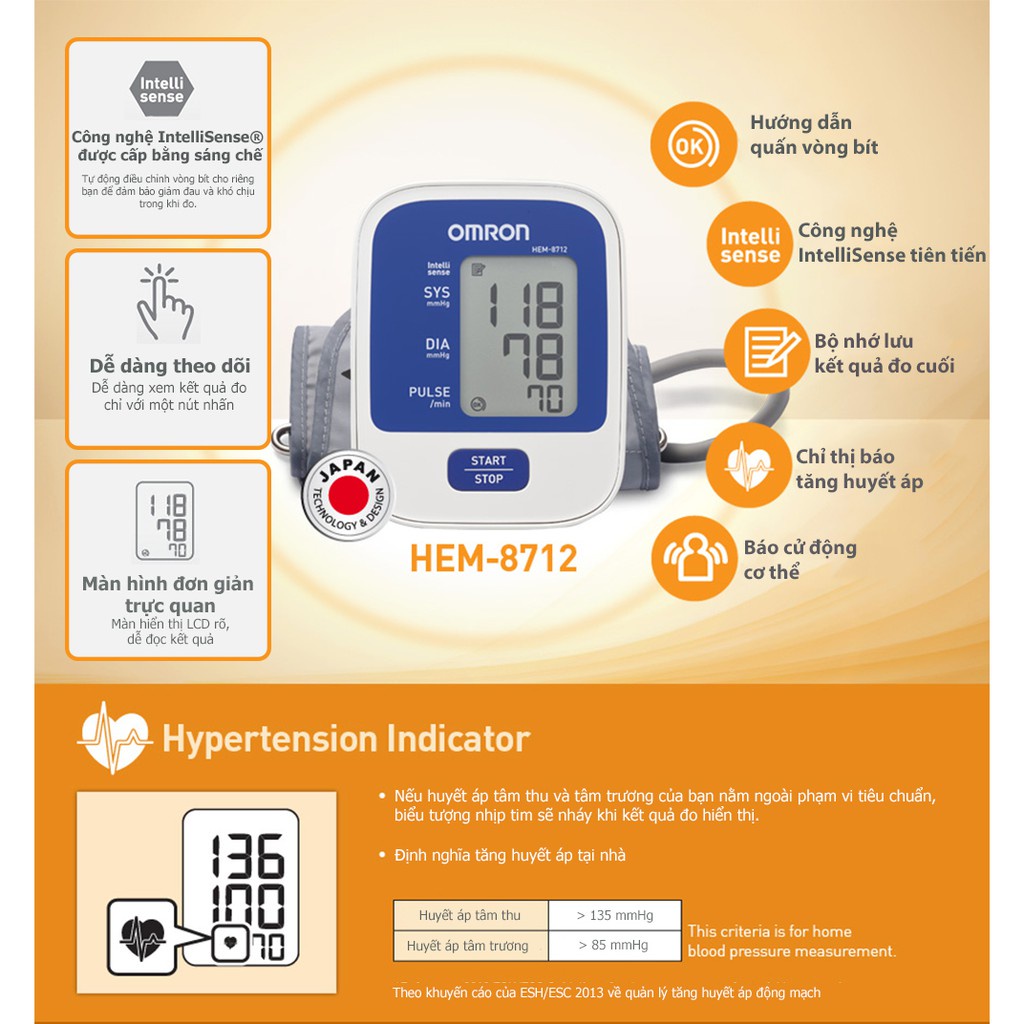 Máy đo huyết áp tự động Omron HEM-8712 hỗ trợ đo huyết áp và nhịp tim