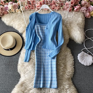 [Có sẵn] Set đầm hai dây họa tiết kẻ dáng ôm + áo cardigan