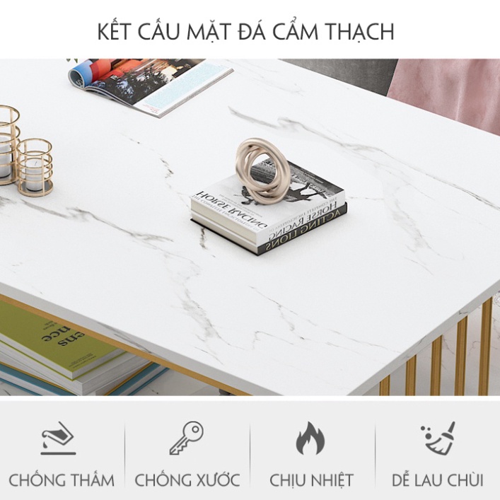 Bàn sofa phòng khách BETA HOME bàn trà mặt gỗ 3 tầng họa tiết vân đá cẩm thạch chân sơn nhũ vàng kích thước 100*50*42cm | BigBuy360 - bigbuy360.vn