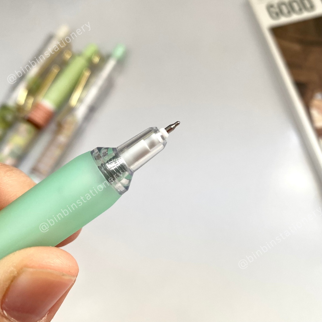 Bút bấm MURA Green Garden phong cách hoa mùa xuân, mắc cài ánh kim, mực đen, ngòi 0.5mm BMR-8161