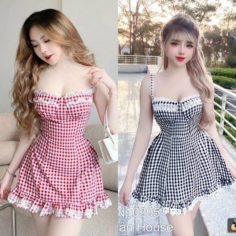 Set Đầm Cúp Khuôn Ngực Caro Sọc Viền Ren Kèm Quần Short Đùi Cùng Tone