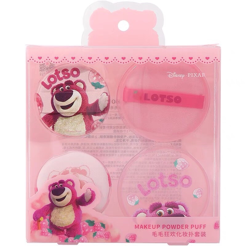 Bông mút trang điểm gấu dâu hồng Lotso set 4 cái có hộp riêng De Perier
