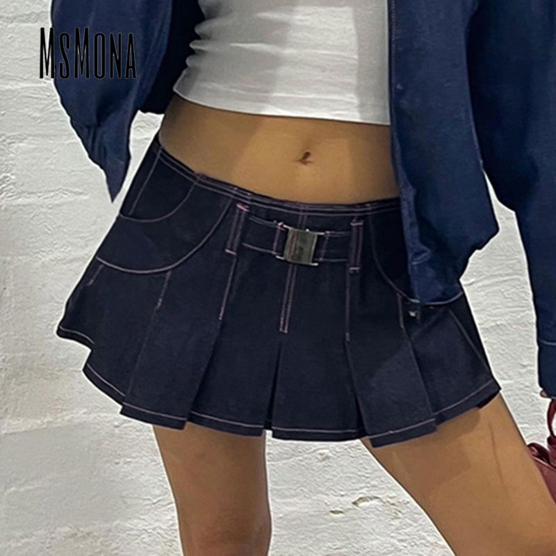 MsMona Chân Váy Mini Lưng Thấp Màu Trơn Cài Khóa Kim Loại Thời Trang 2023 Quyến Rũ Cho Nữ