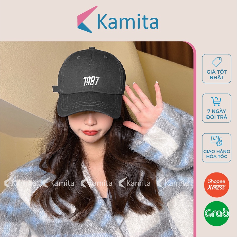 Mũ Lưỡi Trai, Nón Lưỡi Trai KAMITA Thêu Chữ 1987 Nam Nữ Hàn Quốc, Nón Kết Đen Be Đẹp Vải Kaki Cao Cấp Chính Hãng KM13