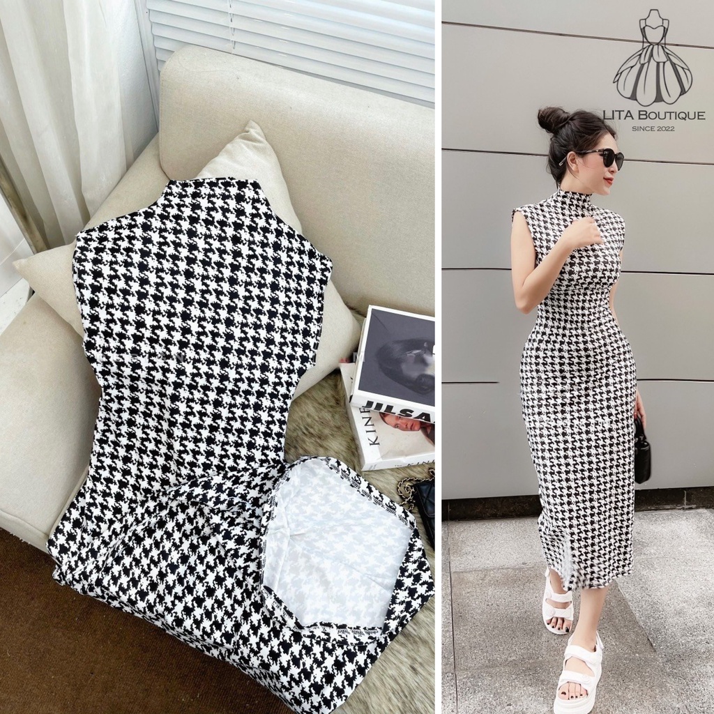 Đầm Váy LITA Boutique V53 chấ thun cotton co giãn siêu thoáng mát, hoạ tiết caro cổ trụ lạ mắt, ôm body