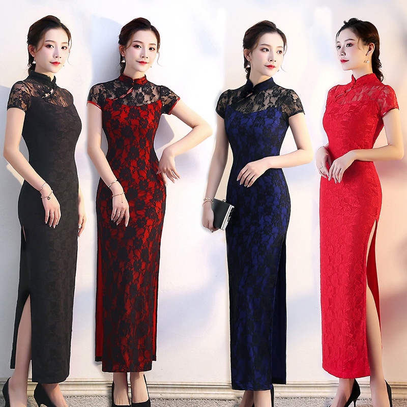 Sườn Xám Cách Tân Dáng Dài Phối Ren Thời Trang Đi Biển Thượng Hải