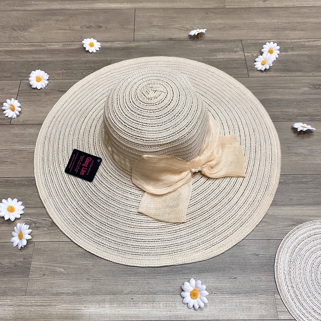 Nón mũ cói đi biển vành rộng phối nơ voan đính ngọc nhiều màu cực đẹp - NN8