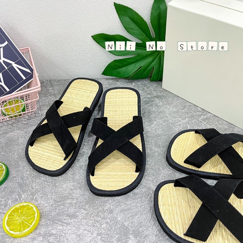 Dép chiếu cói quai nhung chéo thời trang