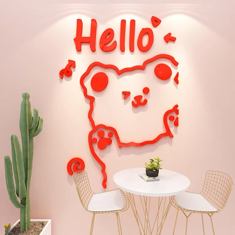 Tranh dán tường mica gấu welcome hồng chất liệu mica dán nổi trang trí quán cafe, trà sữa