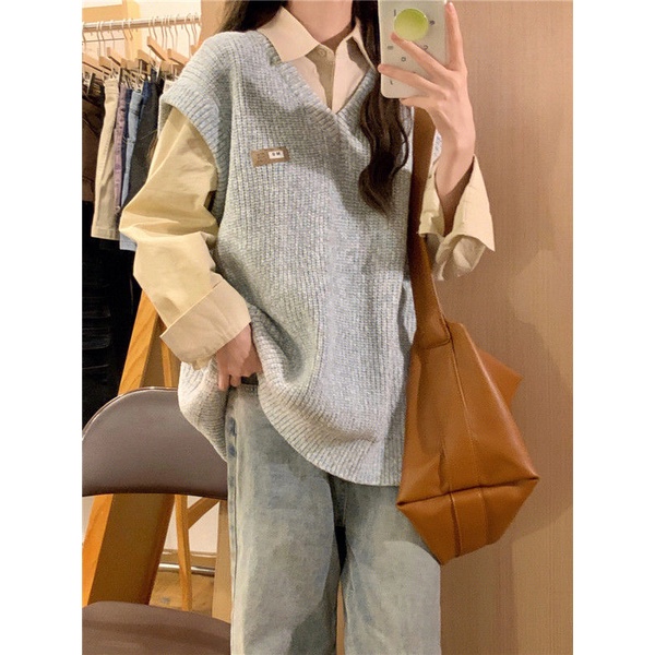 Áo Dệt Kim Sát Nách Cổ Chữ V Màu Xám Thời Trang Mùa Thu Cho Nữ Sinh