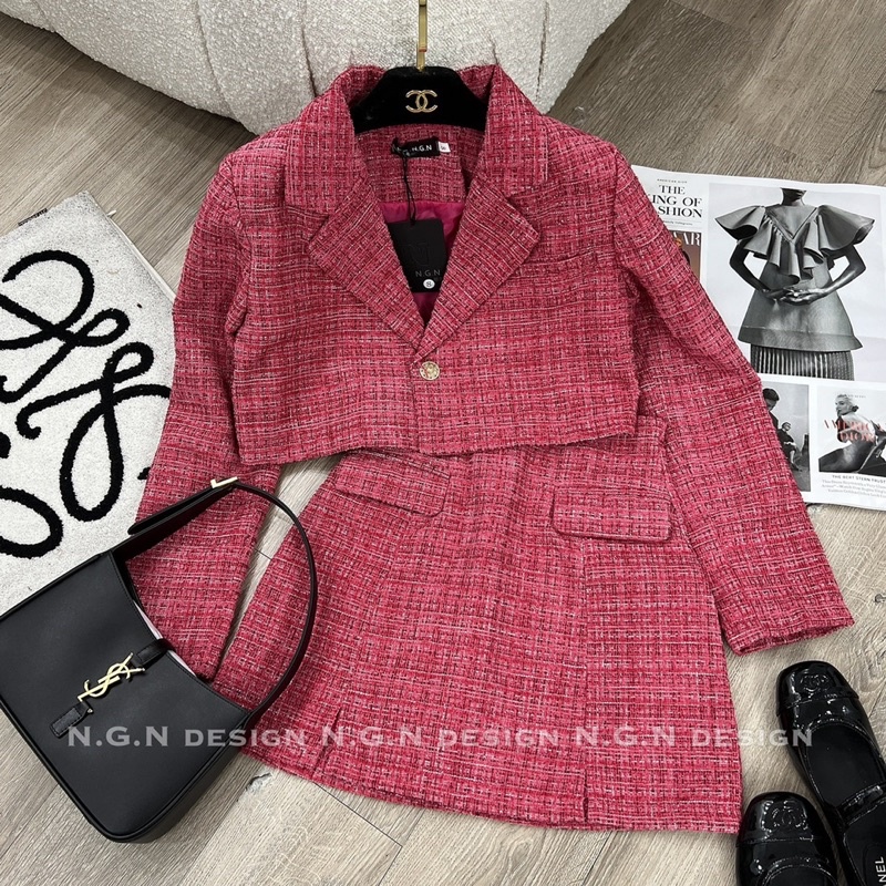 Sét dạ cổ vest dáng ngắn + chân váy chữ A cạp cao