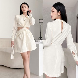 Đầm đi tiệc cưới thiết kế hở eo, cố sơ mi sang trọng