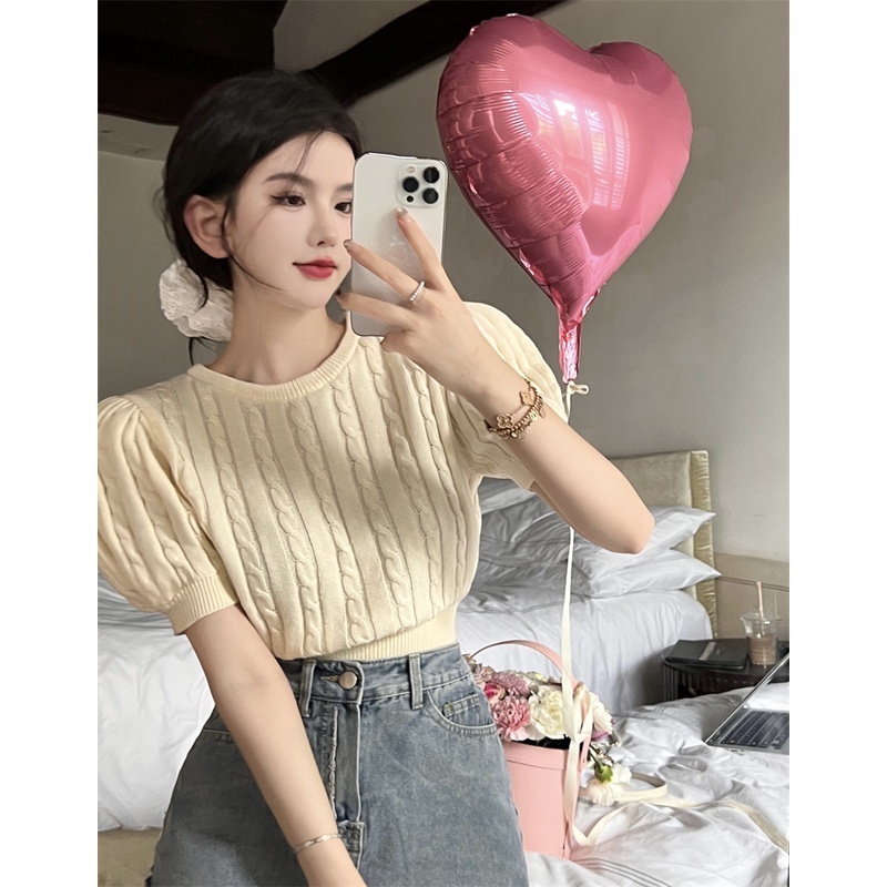 Áo sweater Dệt Kim Tay Ngắn Dáng Ngắn Phối Nơ Xinh Xắn