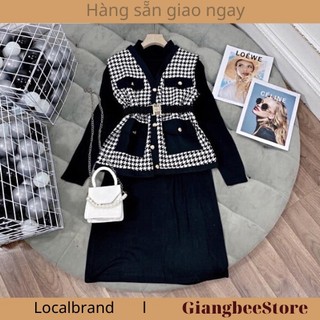 Set váy tăm đen cổ 3p mix áo gile dạ kèm đai - jangmina shop