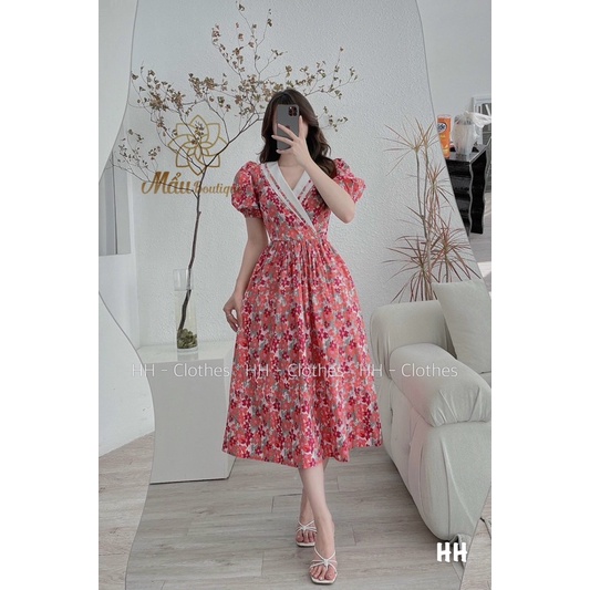(Ảnh thật 100%) Đầm hoa cổ v dáng dài