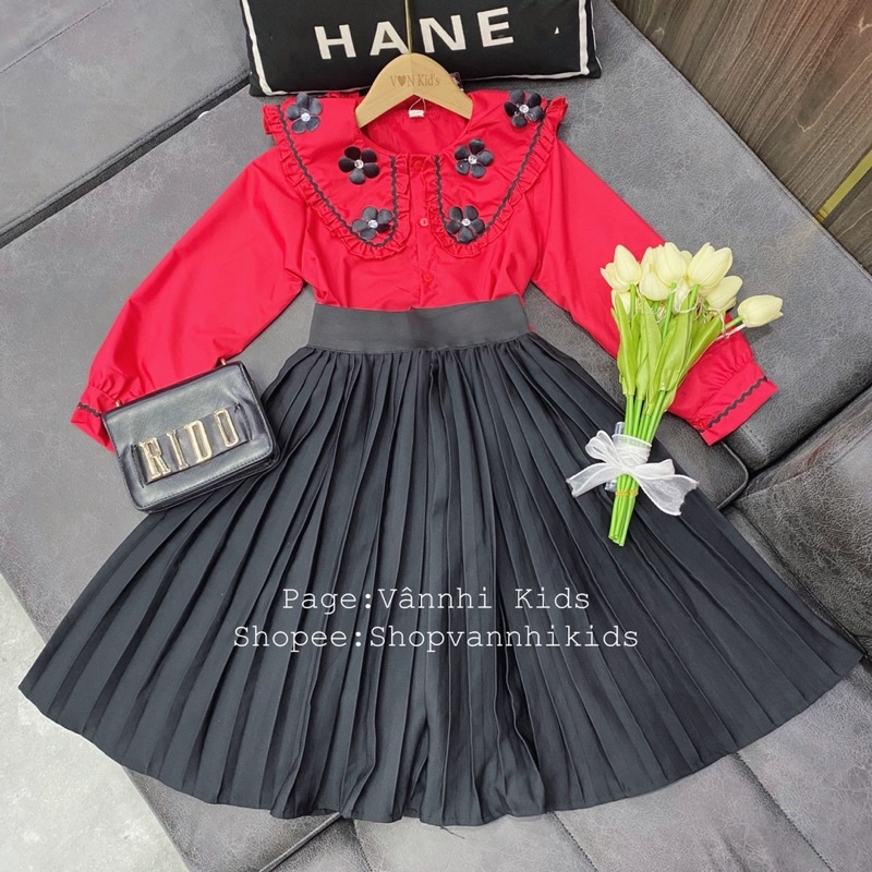 Set sơmi bèo Tiểu Thư đính hoa xinh sang cho bé size đại 17kg-42kg