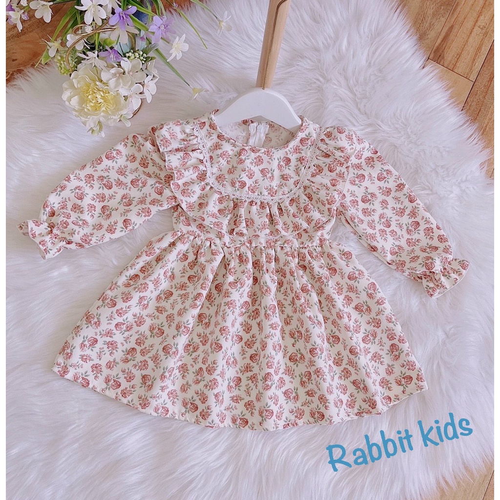 Váy Tết Cho Bé Gái Mùa Đông 7-32kg💝FREESHIP💝 Rabbit Kids- Đầm Dài Tay Trẻ Em Chất Nhung Nâu Cổ Bèo Cao Cấp Mềm Mại Ấm Áp
