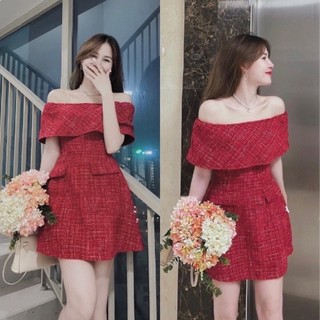 Váy dạ tweed trễ vai chơi tết, váy trễ vai dạ tweed thiết kế sang chảnh đi chơi_Deloga