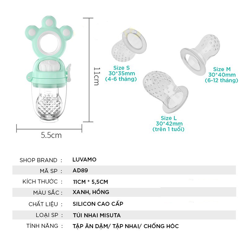 Túi Nhai Misuta chống hóc cho bé tập ăn dặm kèm 3 núm size, Núm nhai ăn hoa quả cho bé Bumdecor