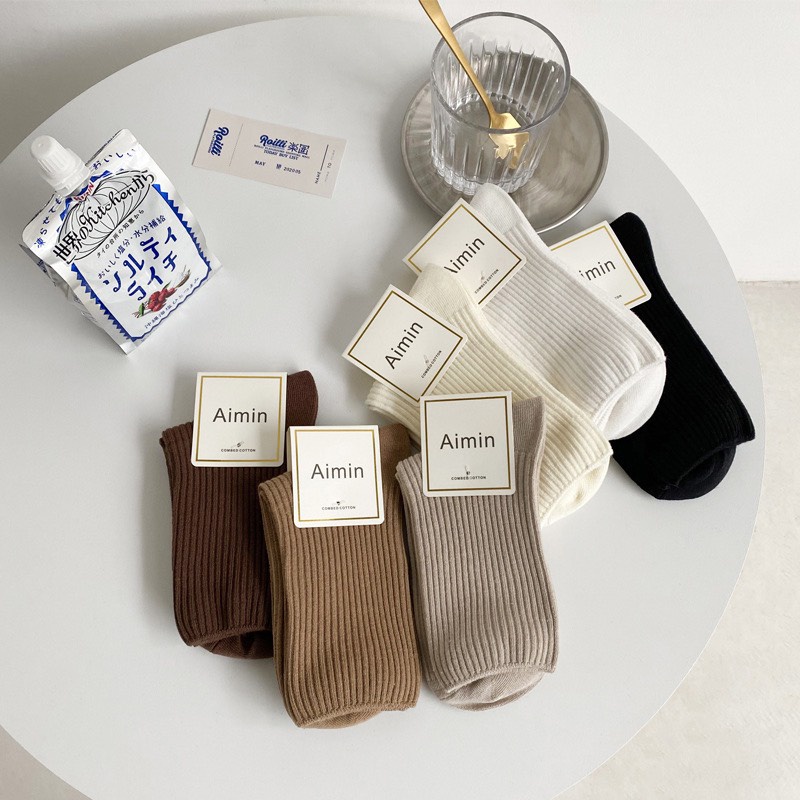 Tất Vớ Cổ Cao Gân Trơn Nam Nữ Màu Set Camel Gân Kem Sữa Hàn Quốc Tất Thể Thao Basic Maxshopdoc