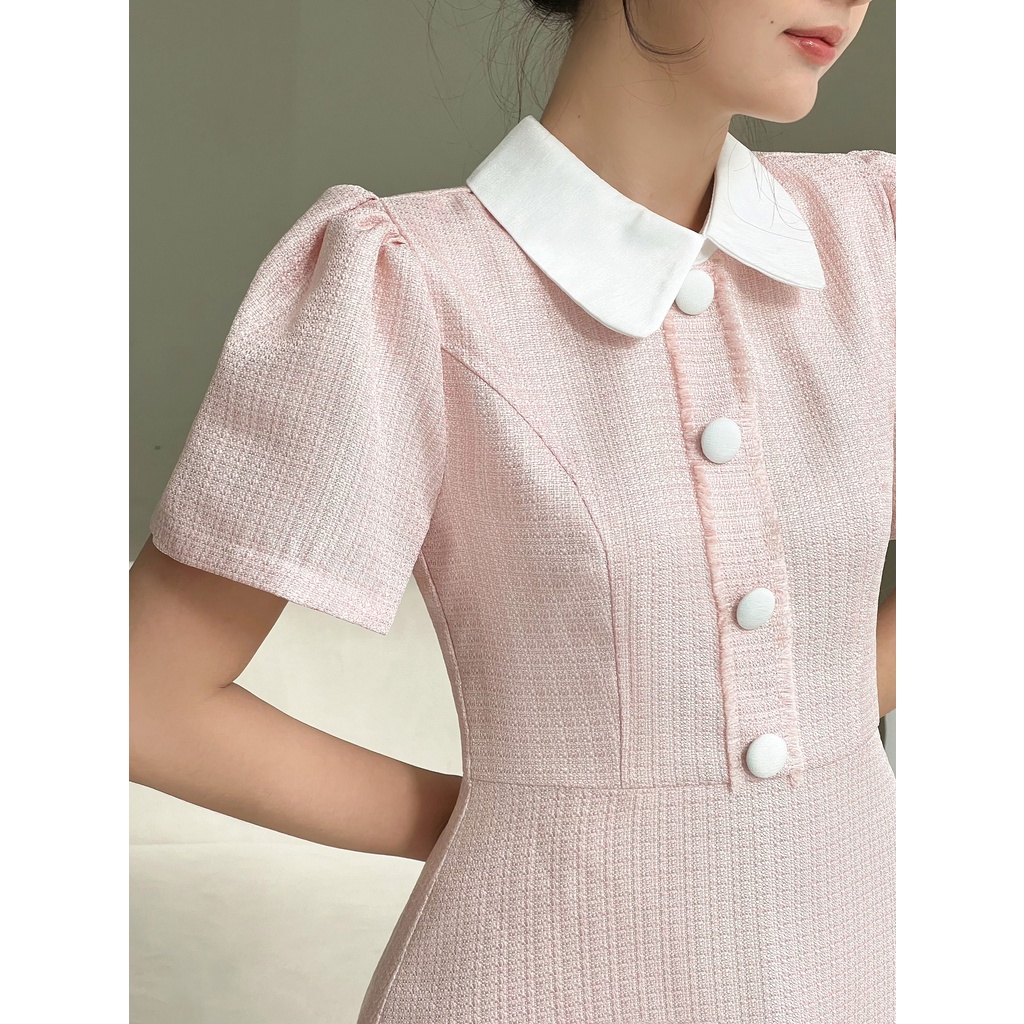 Váy tweed hồng tay phồng cổ điển LEONA DRESS - COQUI