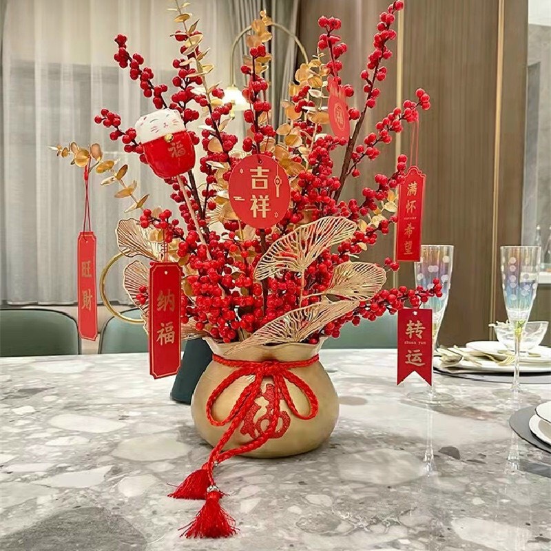 Bình hoa đào đông cắm sẵn hũ vàng tài lộc trang trí Tết mẫu mới 2023 Xuân Quý Mão