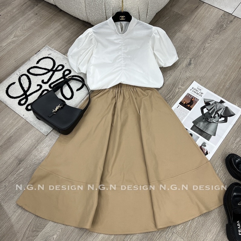 Sét bbr áo trắng + chân váy nâu be