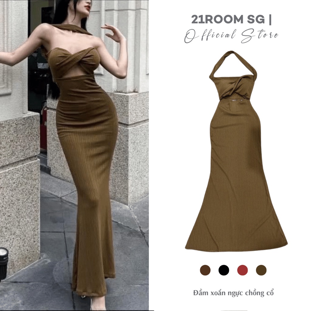 D20 [Hình Thật] Đầm Ôm Body 21ROOM Khoét Ngực Xẻ Eo Ôm Dáng Chất Gân Ôm Form Hack Dáng Phong Cách Sexy Dành Cho Nữ