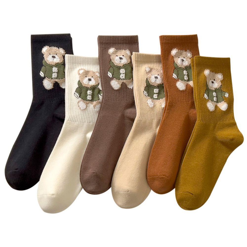 Vớ Cotton Màu Trơn Họa Tiết Gấu Hoạt Hình Dễ Thương WMES15H Cho Nữ