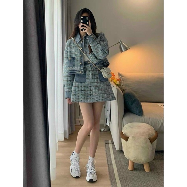 sét dạ tweed nữ cổ bẻ phối viền vải bò xinh lắm nhé