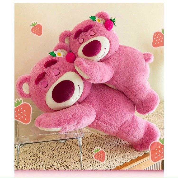 Gấu Dâu Lotso Huggin Bear Lông Xù Tai Dâu, Thú nhồi bông Gấu Losto nằm cao cấp Gaubongxinh.vn