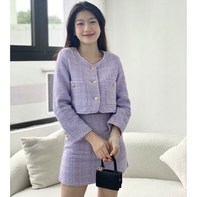 Set áo và chân váy dạ tweed chất đẹp màu tím khoai môn