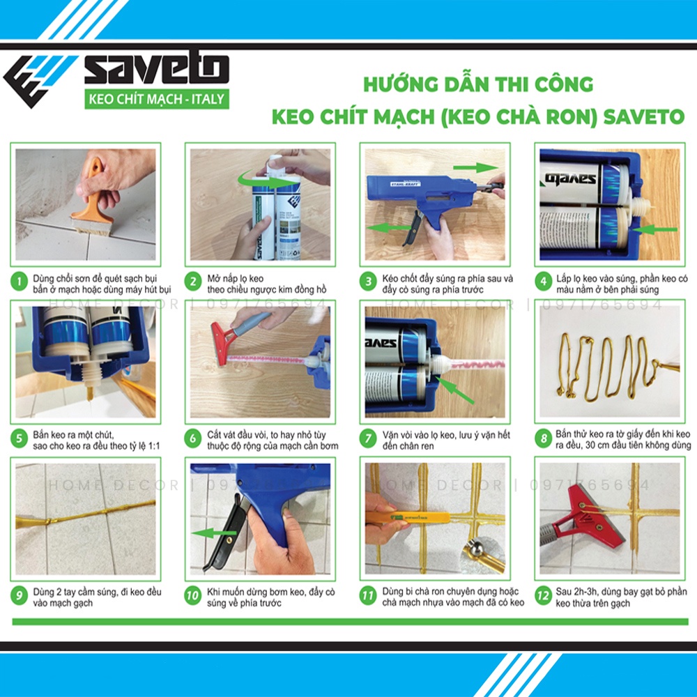 Keo chà ron Saveto, Keo chít mạch Saveto 2 thành phần chống thấm bám bẩn cao cấp